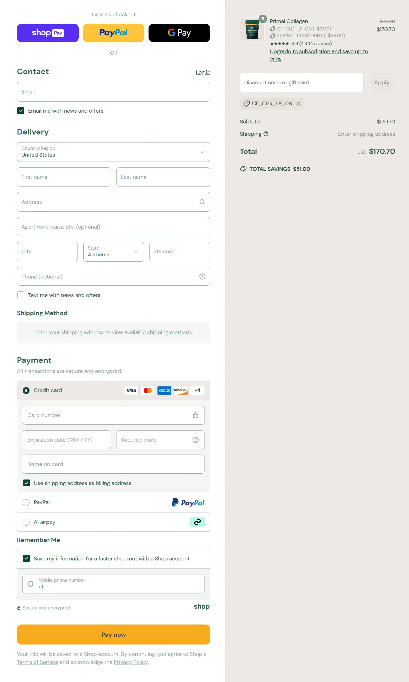 Primal Collagen checkout page